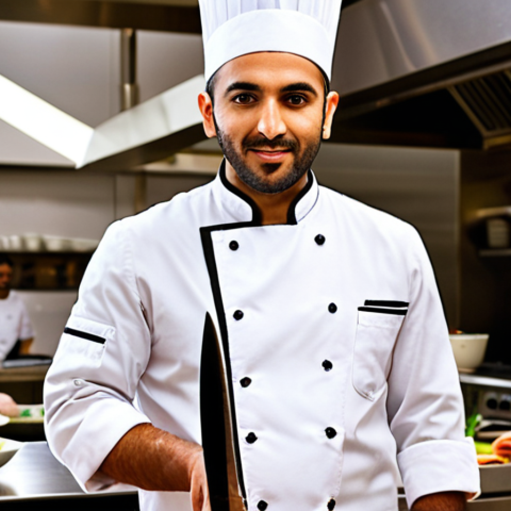 An ambitious Arab chef, in a spotless white chef's jacket, stands confidently in a vibrant, high-end international kitchen. The kitchen is modern and bustling, with diverse culinary staff in the background. The chef holds a professional chef's knife, looking focused and passionate. Dynamic lighting creates an energetic atmosphere, symbolizing the global journey and success in the culinary world. Professional, inspiring.