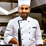An ambitious Arab chef, in a spotless white chef's jacket, stands confidently in a vibrant, high-end international kitchen. The kitchen is modern and bustling, with diverse culinary staff in the background. The chef holds a professional chef's knife, looking focused and passionate. Dynamic lighting creates an energetic atmosphere, symbolizing the global journey and success in the culinary world. Professional, inspiring.