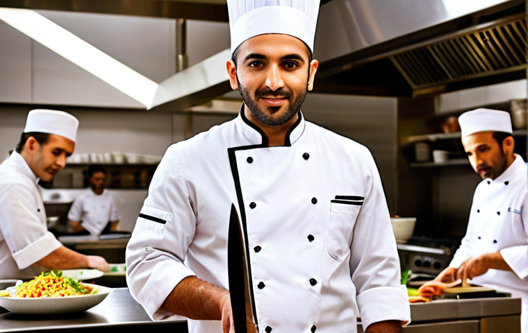 An ambitious Arab chef, in a spotless white chef's jacket, stands confidently in a vibrant, high-end international kitchen. The kitchen is modern and bustling, with diverse culinary staff in the background. The chef holds a professional chef's knife, looking focused and passionate. Dynamic lighting creates an energetic atmosphere, symbolizing the global journey and success in the culinary world. Professional, inspiring.
