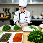 **

A bright, organized kitchen. A female student, fully clothed in a chef's uniform, is meticulously prepping ingredients (vegetables, spices) at a clean workstation. Focus on "mise en place". Background: various Korean cooking tools neatly arranged. Mood: Focused and diligent. safe for work, appropriate content, fully clothed, professional, perfect anatomy, natural proportions, high quality.

**