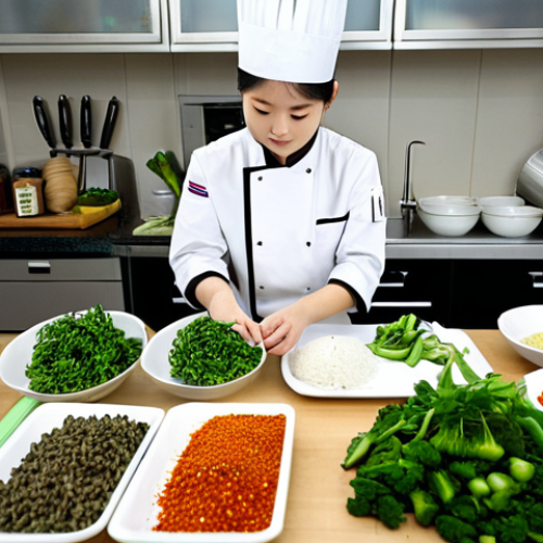**

A bright, organized kitchen. A female student, fully clothed in a chef's uniform, is meticulously prepping ingredients (vegetables, spices) at a clean workstation. Focus on "mise en place". Background: various Korean cooking tools neatly arranged. Mood: Focused and diligent. safe for work, appropriate content, fully clothed, professional, perfect anatomy, natural proportions, high quality.

**