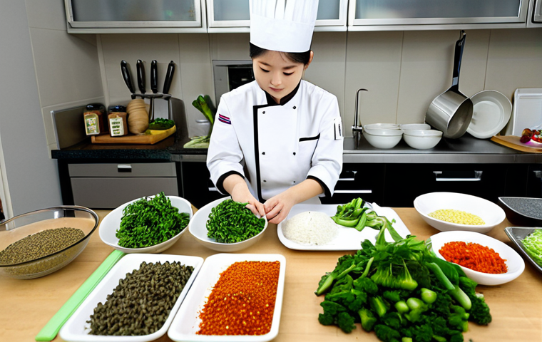 **
A bright, organized kitchen. A female student, fully clothed in a chef's uniform, is meticulously prepping ingredients (vegetables, spices) at a clean workstation. Focus on "mise en place". Background: various Korean cooking tools neatly arranged. Mood: Focused and diligent. safe for work, appropriate content, fully clothed, professional, perfect anatomy, natural proportions, high quality.
**