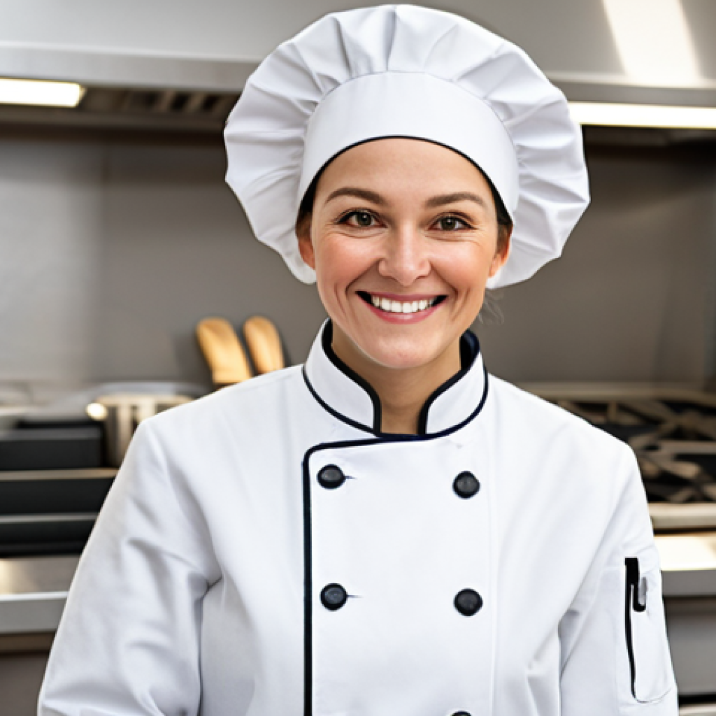 조리사 자격증과 연관된 대학 전공 - **
"A professional female chef, fully clothed in a pristine white chef's coat and hat, smiling warm...