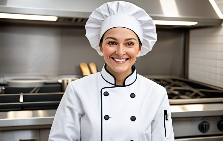 조리사 자격증과 연관된 대학 전공 - **
"A professional female chef, fully clothed in a pristine white chef's coat and hat, smiling warm...