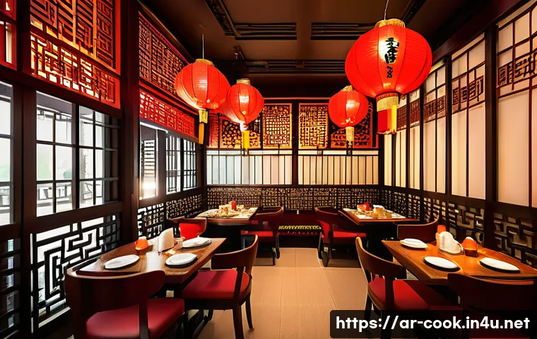 중식조리사 창업 성공 사례 분석 - A vibrant Chinese restaurant interior blending traditional Chinese cultural elements with subtle Ara...
