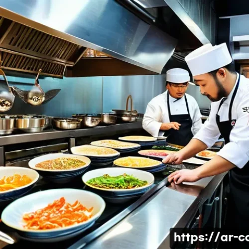 Home 33 한식조리사 연봉 협상 팁 - A modern Korean restaurant kitchen in a bustling Middle Eastern city, featuring a skilled Korean che...
