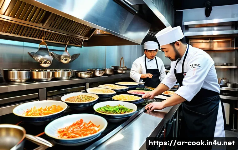 한식조리사 연봉 협상 팁 - A modern Korean restaurant kitchen in a bustling Middle Eastern city, featuring a skilled Korean che...