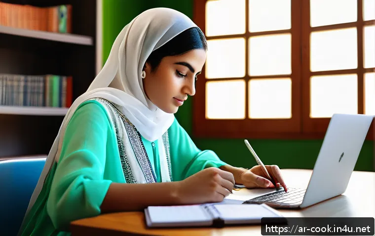 조리사 자격증 준비하는 직장인 팁 - A focused Arab young woman studying at a modern desk in a bright, quiet room designed for concentrat...
