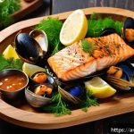 Home 19 양식조리 실기 시험 메뉴 구성 - A vibrant seafood platter featuring fresh, locally sourced ingredients popular in Saudi Arabia, incl...