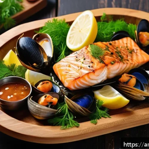 Home 31 양식조리 실기 시험 메뉴 구성 - A vibrant seafood platter featuring fresh, locally sourced ingredients popular in Saudi Arabia, incl...