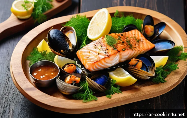 양식조리 실기 시험 메뉴 구성 - A vibrant seafood platter featuring fresh, locally sourced ingredients popular in Saudi Arabia, incl...