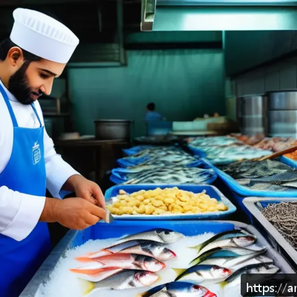양식조리사의 커리어 빌딩 - A professional Middle Eastern seafood chef wearing traditional modest kitchen attire, skillfully pre...