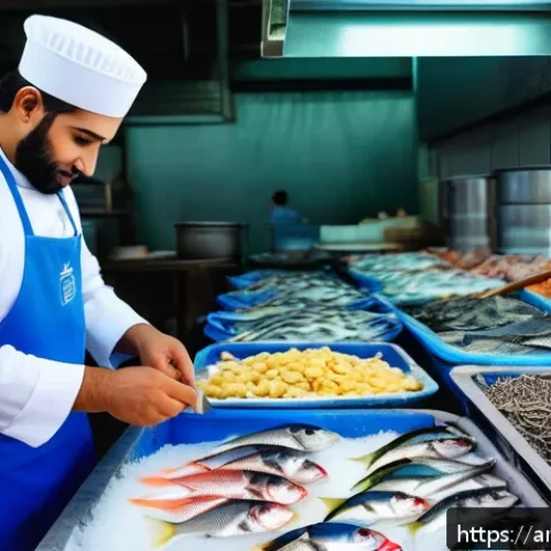 Home 30 양식조리사의 커리어 빌딩 - A professional Middle Eastern seafood chef wearing traditional modest kitchen attire, skillfully pre...