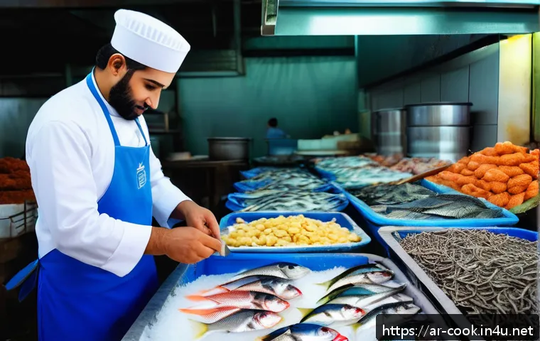 양식조리사의 커리어 빌딩 - A professional Middle Eastern seafood chef wearing traditional modest kitchen attire, skillfully pre...